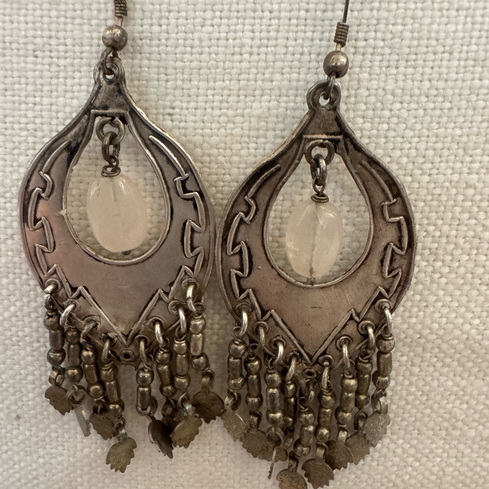 Elegant vintage sterling Silver Dangle Earrings with light pink stone.stamped